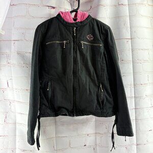 Harley Davidson Women's Jacket | Black/Pink Cotton Hoodie Liner Zip Lace | Large